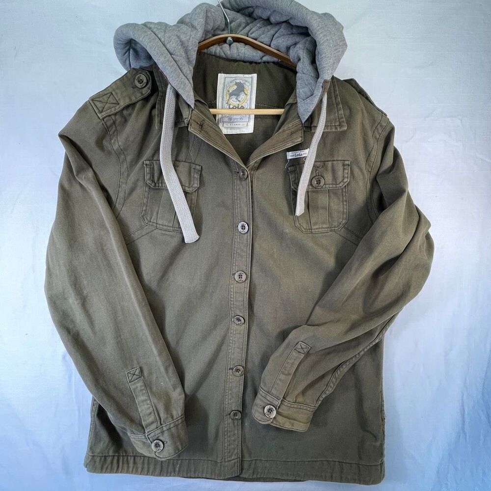 Lois Olive Green Gray Hooded Button Front Cotton Military Jean Jacket Size XL